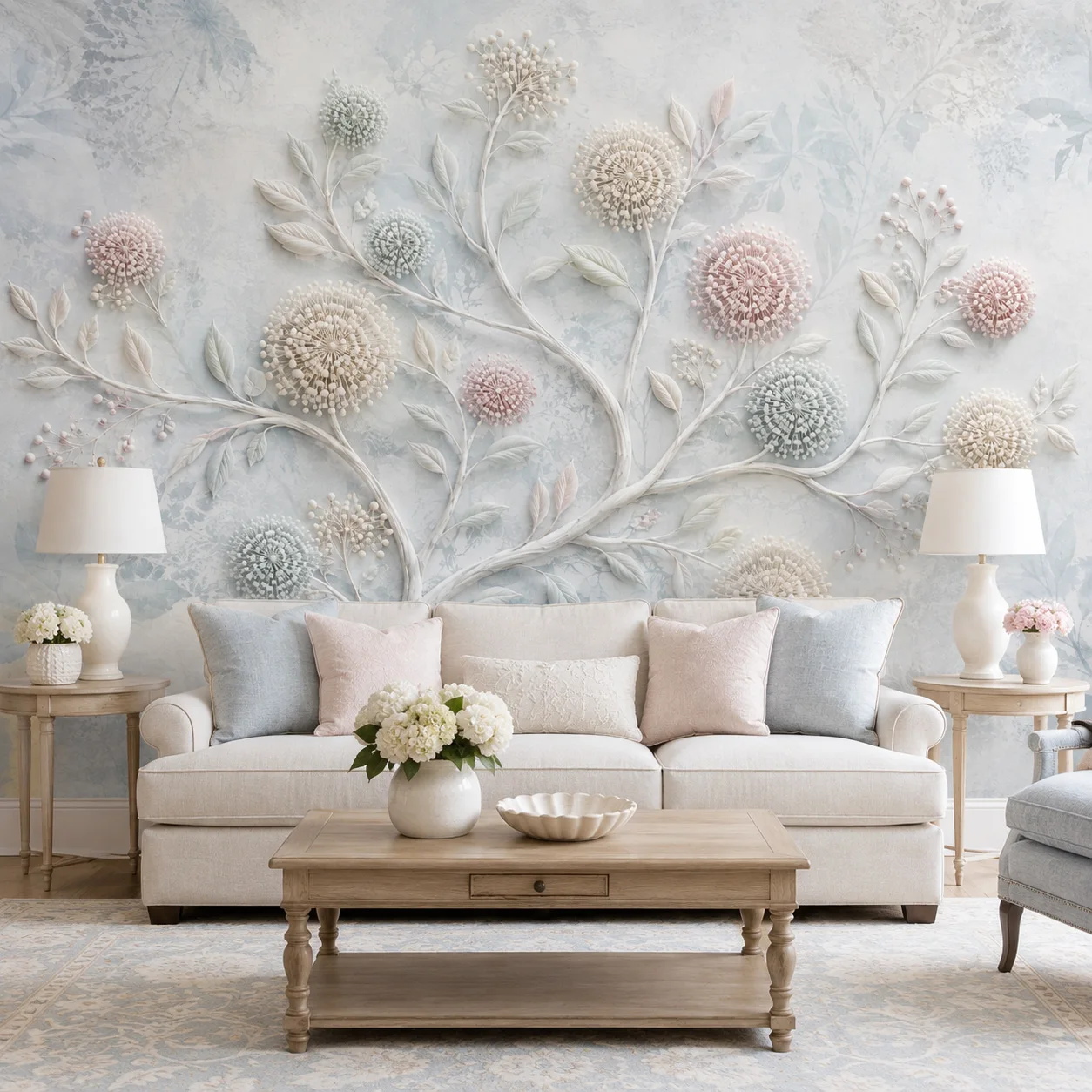 3D Floral Wall Mural Pastel Flower Branch Wallpaper Modern Botanical Decor Non Self Adhesive Living Room Bedroom Luxury Wall Art