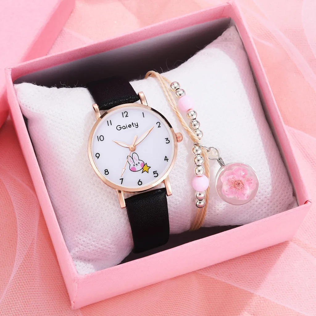 New 5pcs Women Watch Bracelet Set Leather Cute Rabbit Girls Wristwatch Fashion Ladies Quartz Clock Reloj Mujer Students\' Gift