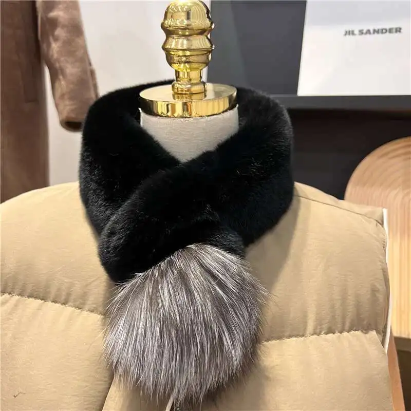

Real Rex Rabbit Fur Scarf Plush Warm Double Sided Thickened Fur Scarf With Fox Fur Ball Fashion Luxury 100% Natural Fur Scarves