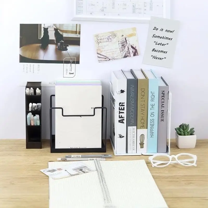 2Pcs Black Iron Bookends Heavy Duty Desktop Book Stand for Home Office Shelf Organization Non Scratch Anti Rust Powder Coated