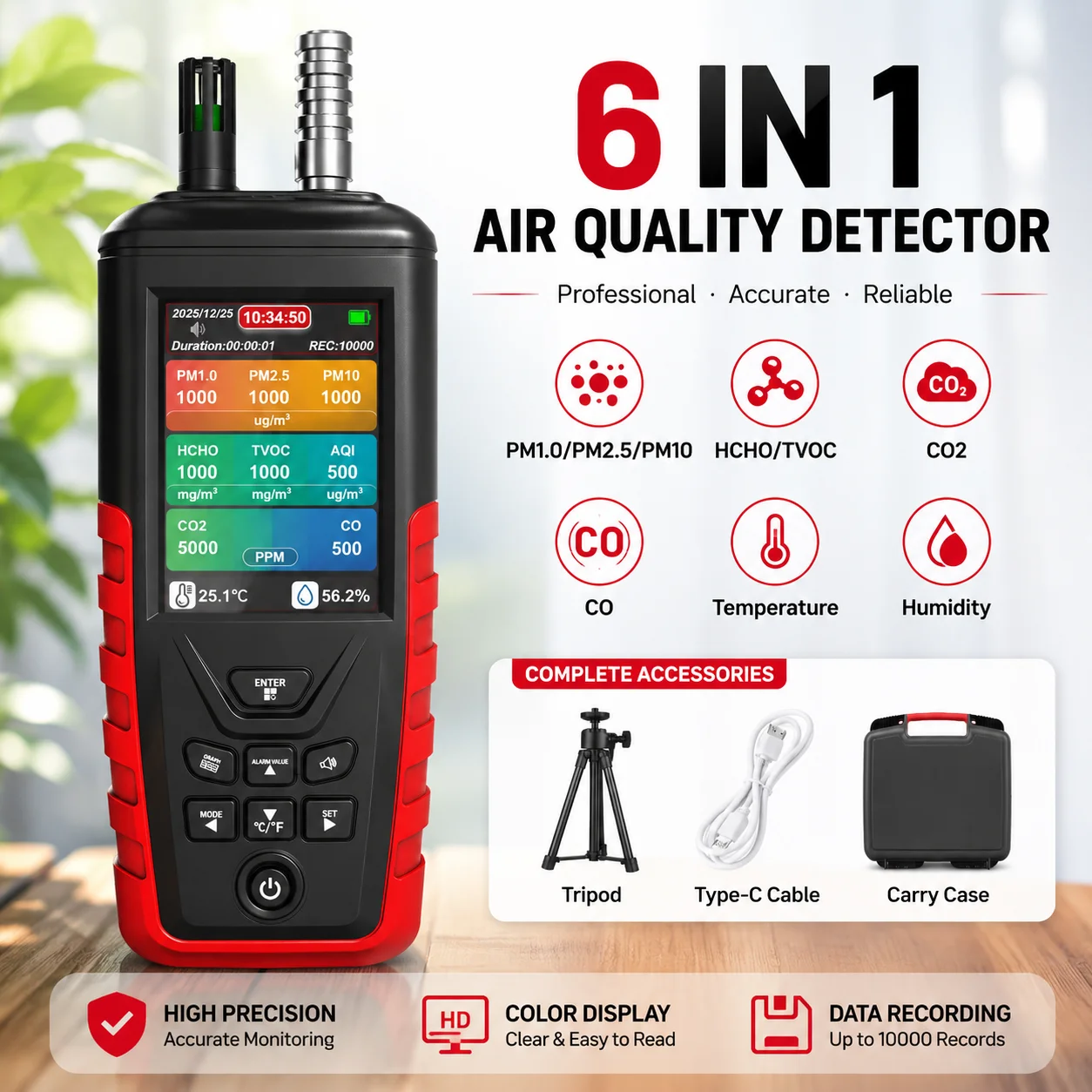 

8 in 1 Air Quality Tester CO2 TVOC HCHO PM2.5 PM10 Particle Counter Data Export for Home Office Lab New Renovation Family Health