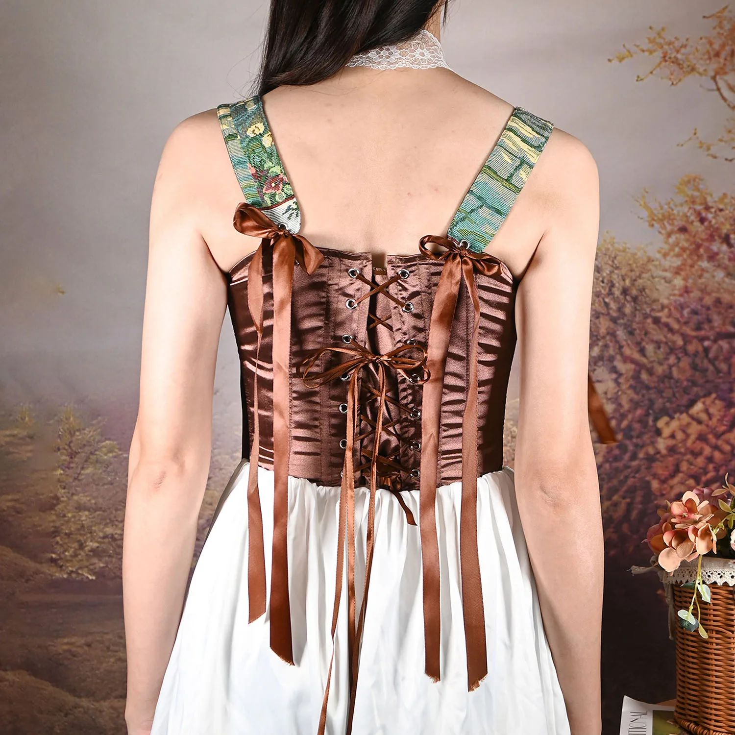 Vintage Oil Painting Print Double Layer Corset Top Renaissance Style Ribbon Tie Strap Bustier