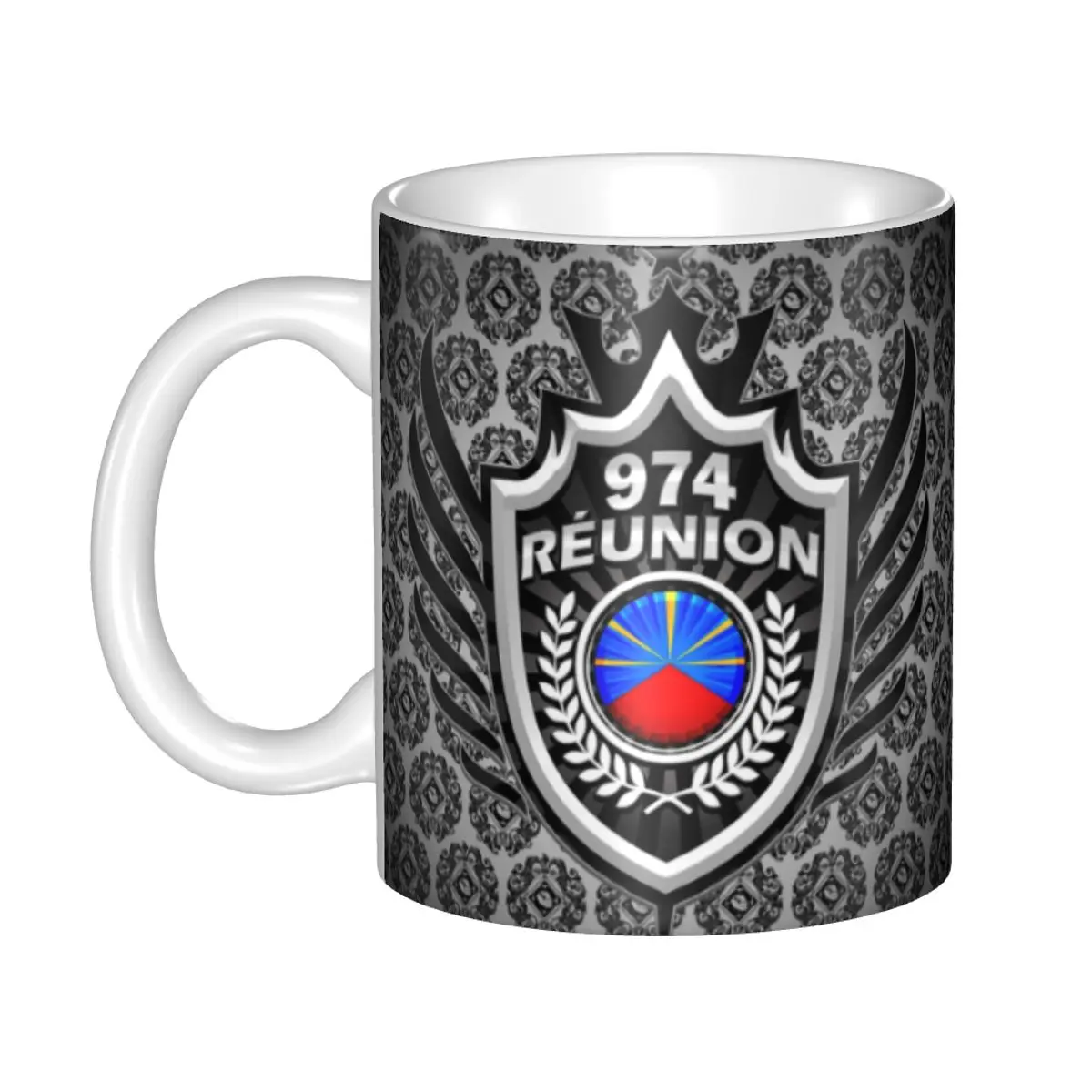 

Custom 974 Reunion Coat Of Arms And Ornaments Coffee Mugs DIY Ceramic Tea Milk Cups