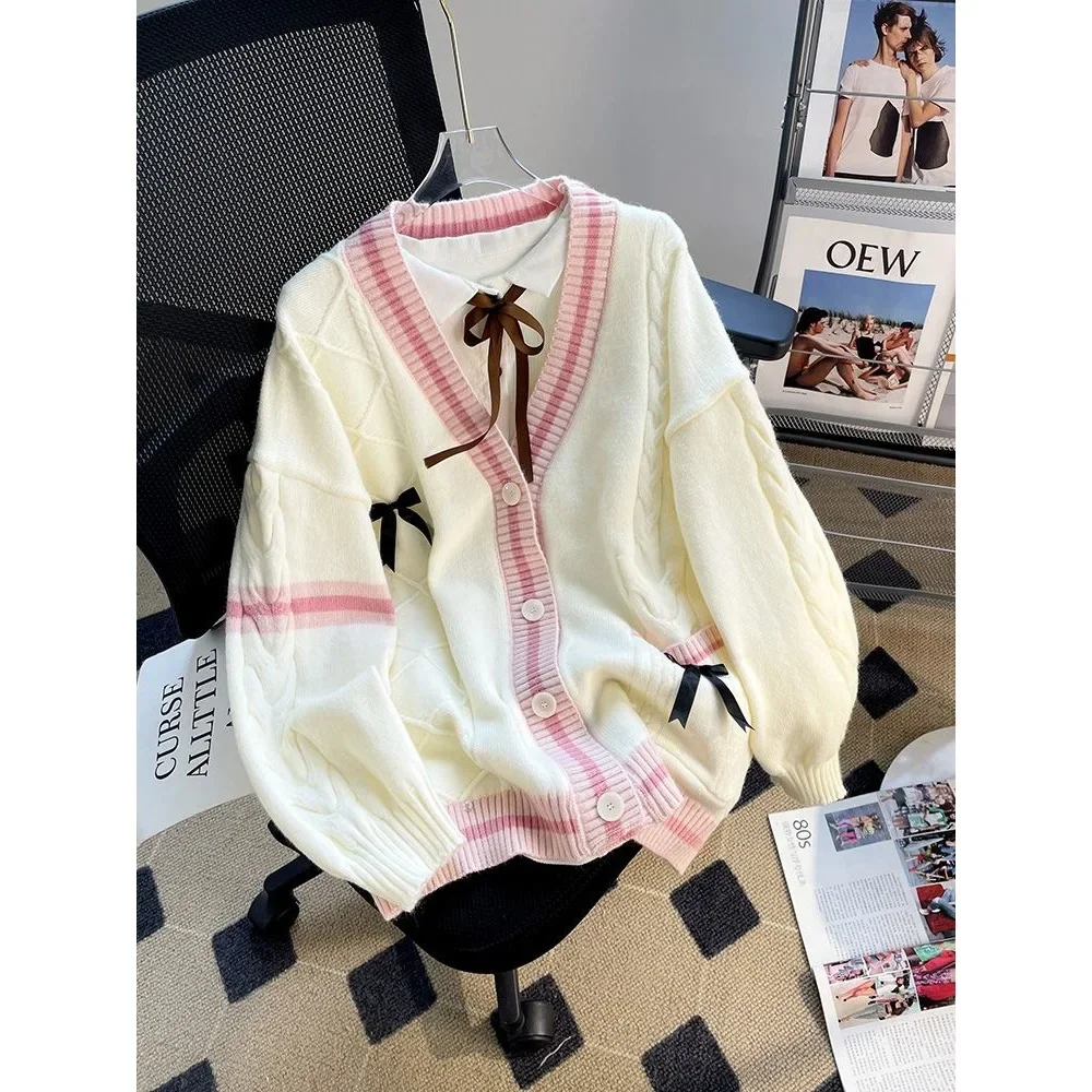 Anti-envelhecimento estilo japonês aberto cardigan com decote em v sem mangas solto camisola de malha feminina casaco nó borboleta estilo preguiçoso