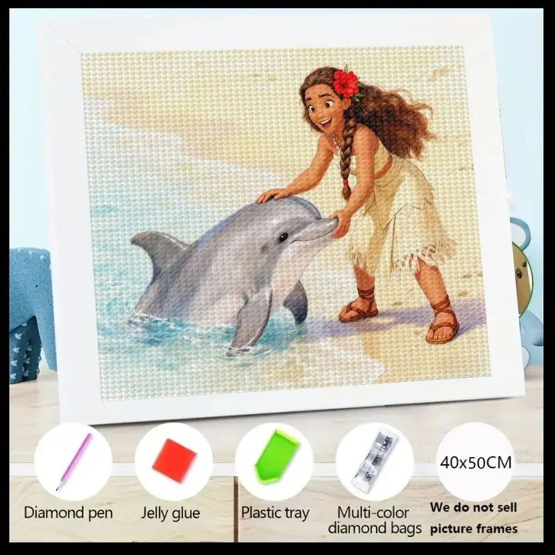 

1 шт. Moana & Dolphin 5D Full Drill Diamond Painting Kit, DIY Crystal Gem Art Set для детей и взрослых, милая принцесса Диснея Beach Oc