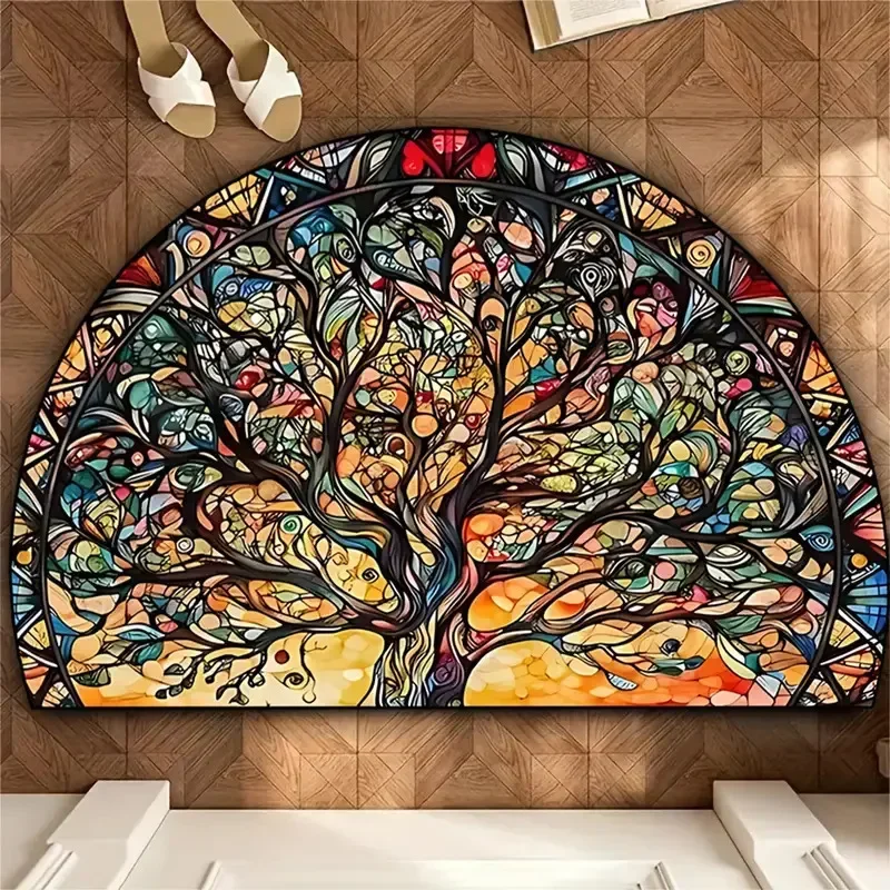 Half Round Stained Glass Tree Mat Non slip Semicircle Doormat Colorful Print Absorbent Floor Rug Entryway
