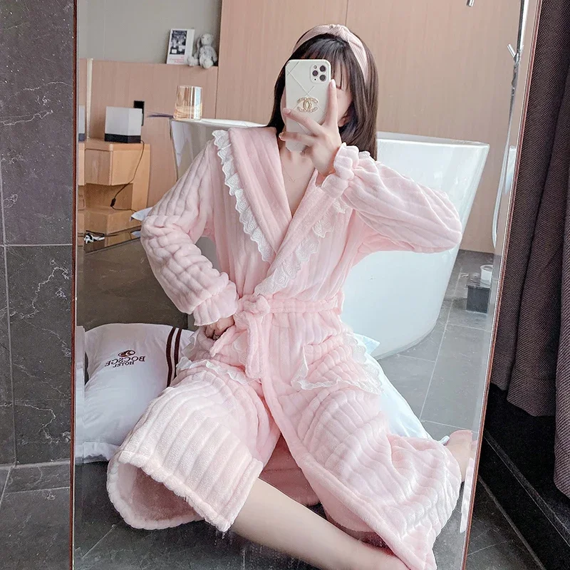 2026 Winter Long Sleeve Thick Warm Flannel Kimono Robes for Women Cute Lace Bathrobe Sleepwear Bath Robe Nightdress Night Dress