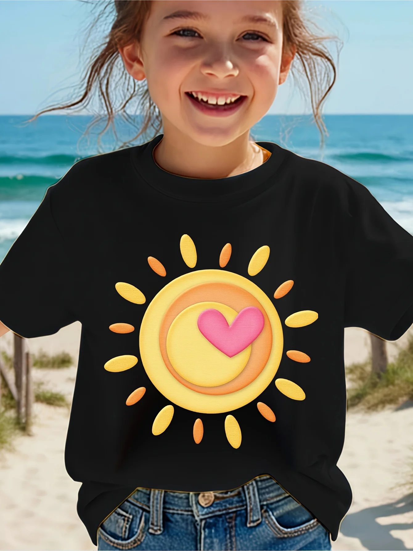 Kids Cute Sun Pink Heart Summer Sunshine Graphic Tee Boys Girls Family Matching Short Sleeve Bright Warm Casual Daily T Shirt