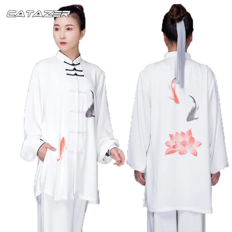 Taichi Kung Fu Clothes White Tai Chi Uniforms Kung Fu Outfit Wushu Performance Costumes Chinese Warrior Costume Painting