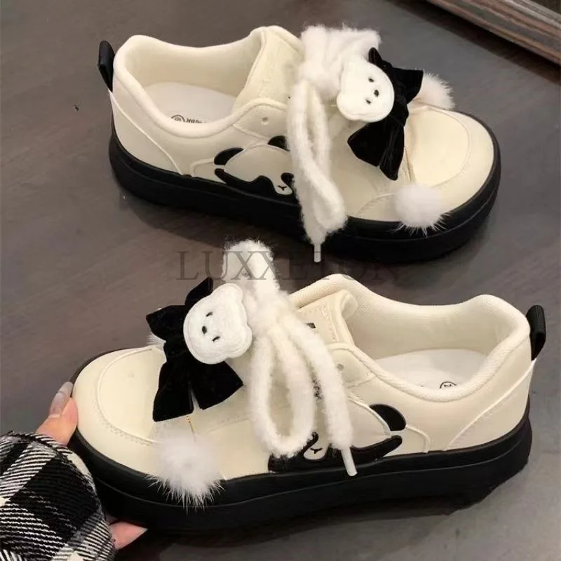 Thick Soled Round Headed Bear Shallow Cut Canvas Shoes Fashionable and Versatile Mesh Comfortable Breathable Board Shoes