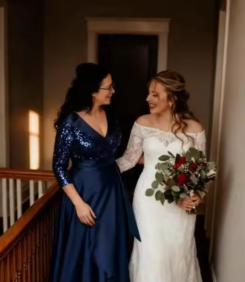 Customized Sparkly Sequin Mother of Bride Dresses V Neck High-Low  3/4 Sleeve Satin A Line Formal Evening Party Dress