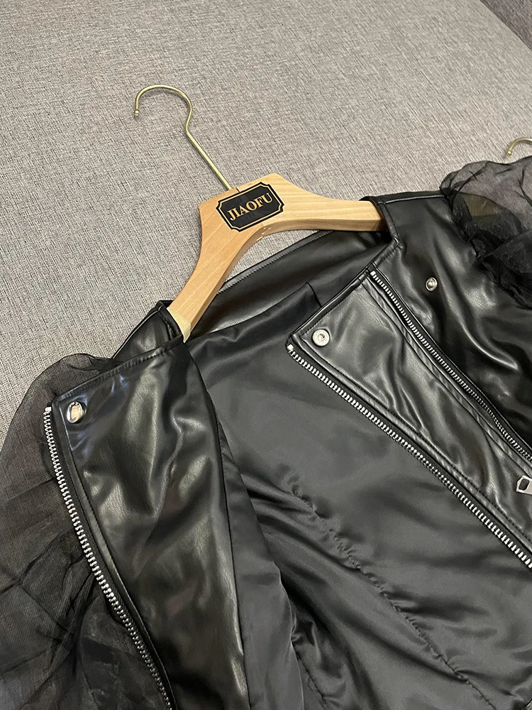 Street Style Motorradjacke für Damen, Langarm, Leder-Patchwork-Mantel, Dominanter Look, Transparente Optik