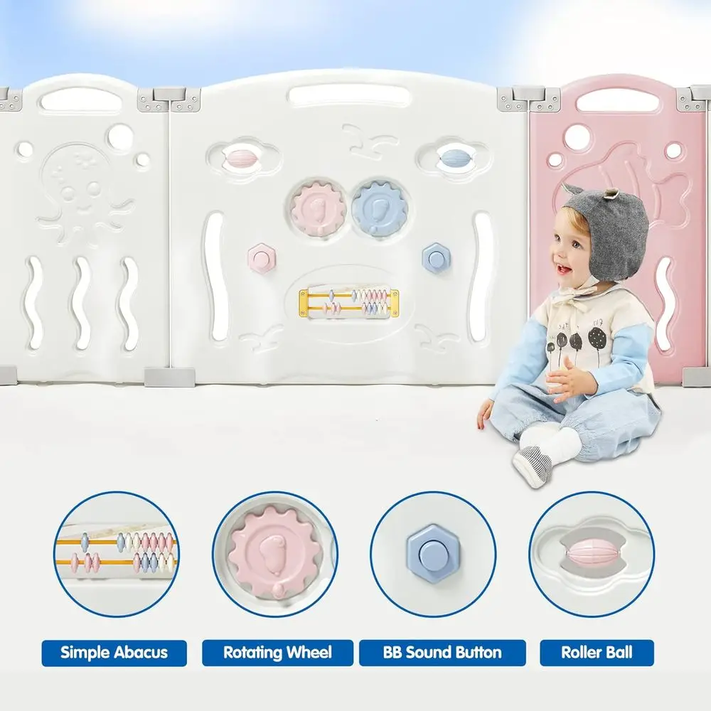 روضة أطفال محمولة مكونة من 14 لوحة مع لوحة ألعاب، بوابة أمان، قابلة للتعديل للأطفال في الداخل/الخارج (وردي وأبيض) #5