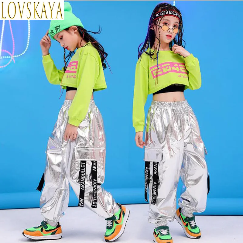 Children Hip Hop Clothing Green Sweatshirt Top Crop Casual Pants Girl Kids Jazz Dance Wear Costume Ballroom Dancing Clothes