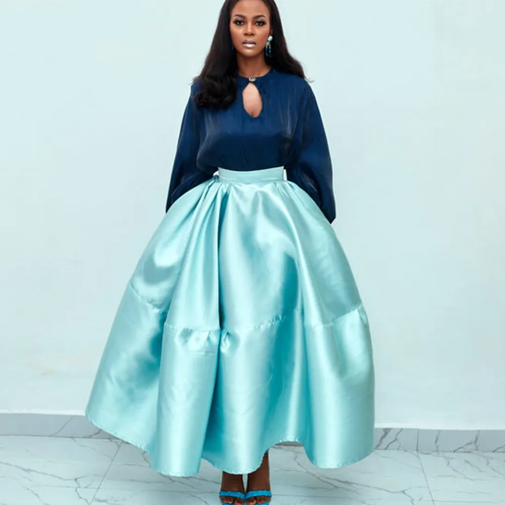 Couture Light Blue Satin Women Maxi Skirts With Pockets Details A-line Ankle Length Satin Skirt To Party