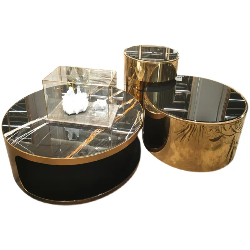 

Luxury Home Living Room Marble Lauren Black Gold Tea Table Stainless Steel Simple Size Combination Circular Double Layer