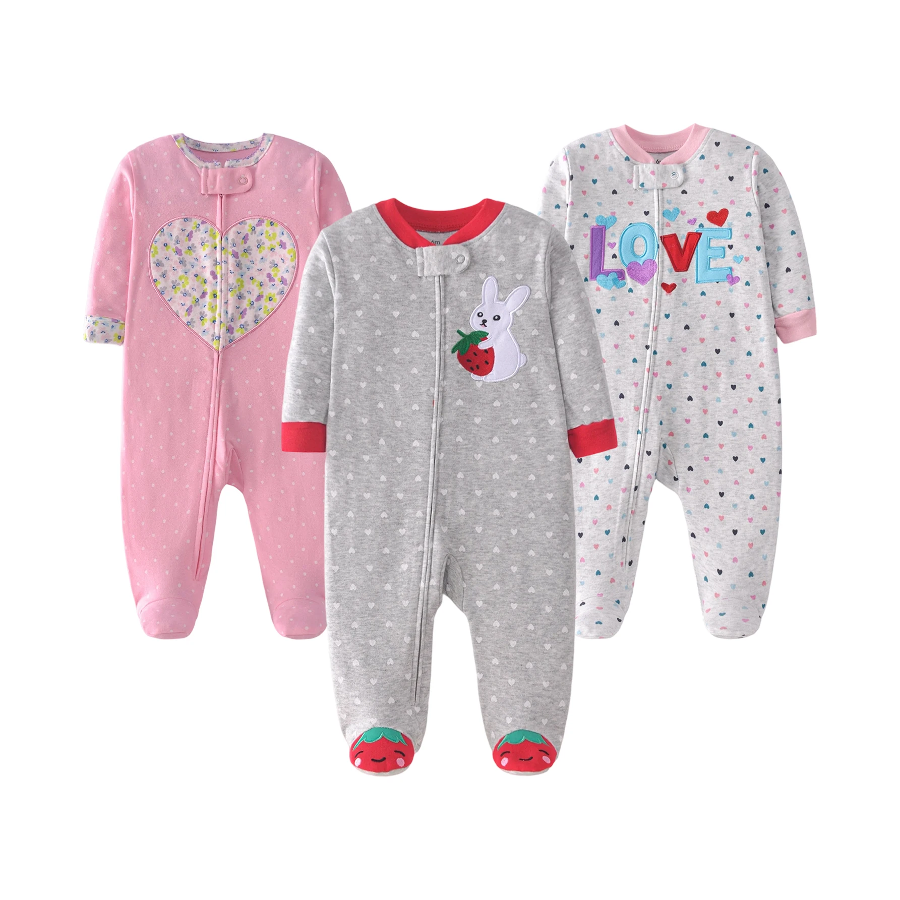 Newborn Girls Double-sided Cotton Footed Romper Heart Polka Dot Print Embroidery Zipper Onesie Cute All-seasons Baby Clothes