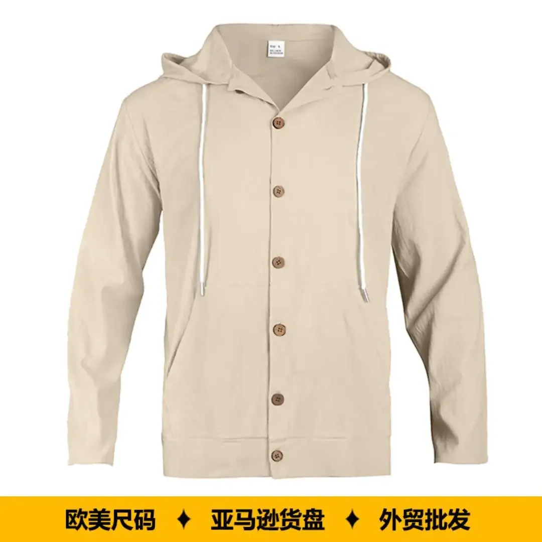 European American Spring Autumn New Fashion Men Solid Color Long Sleeve Single Breasted Hooded Shirt Cardigans Male Top Clothes