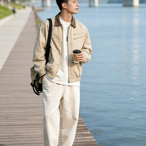 

Spring 2026 Retro Japanese Barn Sle Color Blo Collar Jaet Men's Chest Double Zipper Design ort Coat Youth ular Loo...