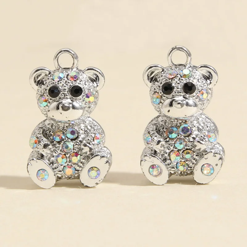 5pcs Silver Color 24x14mm Cute 3D Bear Crystal Charms Animal Pendant Fit Necklaces DIY Handmade Jewelry Making Finding Supplies