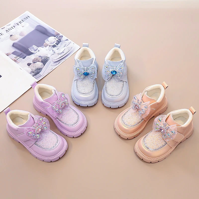 

Короткие сапоги принцессы для девочек, милые детские ботильоны с блестящими кристаллами, замшевые теплые зимние детские танцевальные ботинки 2025, круглые носки, милые банты