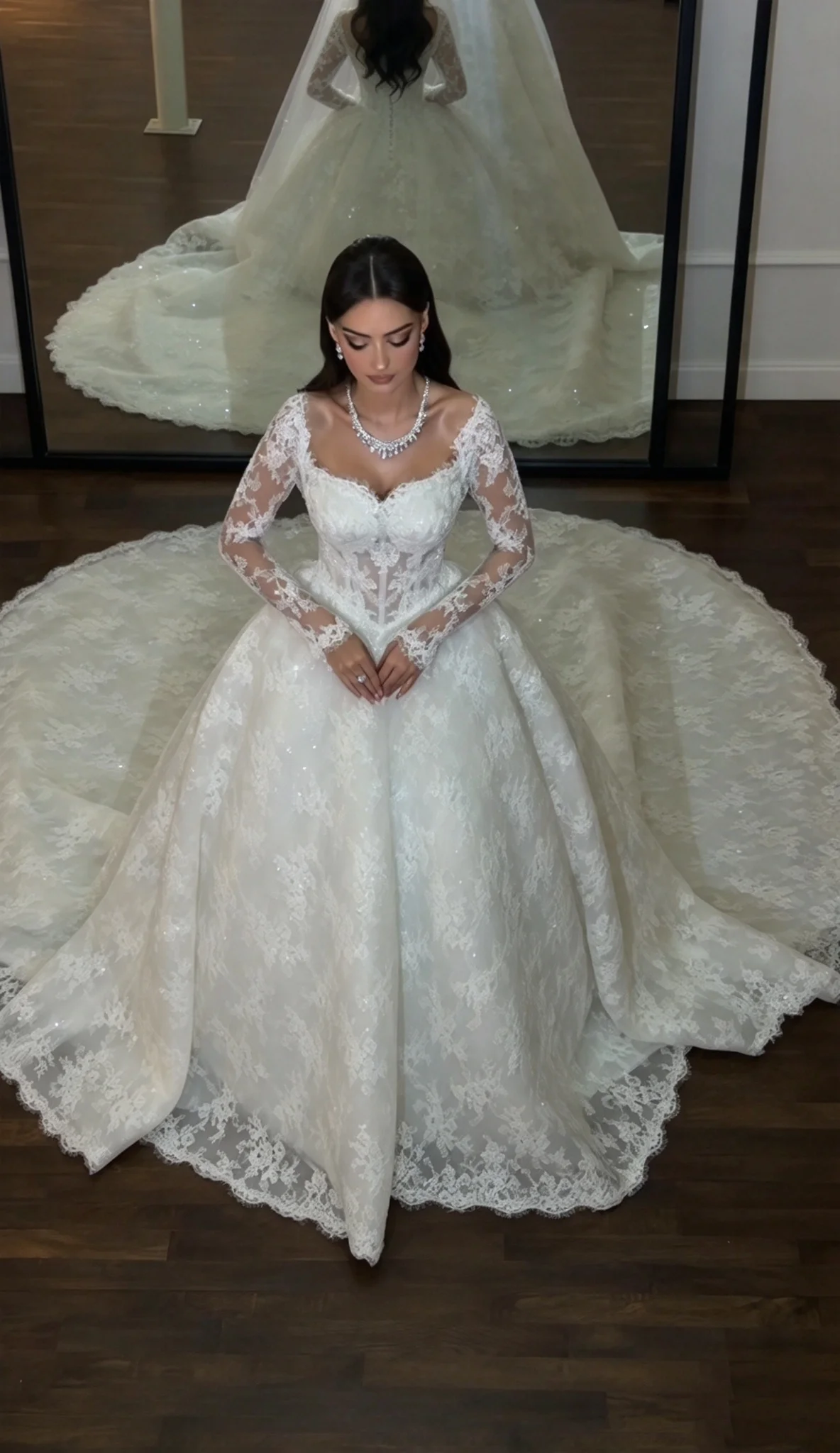 Elegant Sweetheart Collar Long Sleeve Wedding Dress Transparent Lace Arab Bride Heavy Flower Lace Wedding Dress Customization