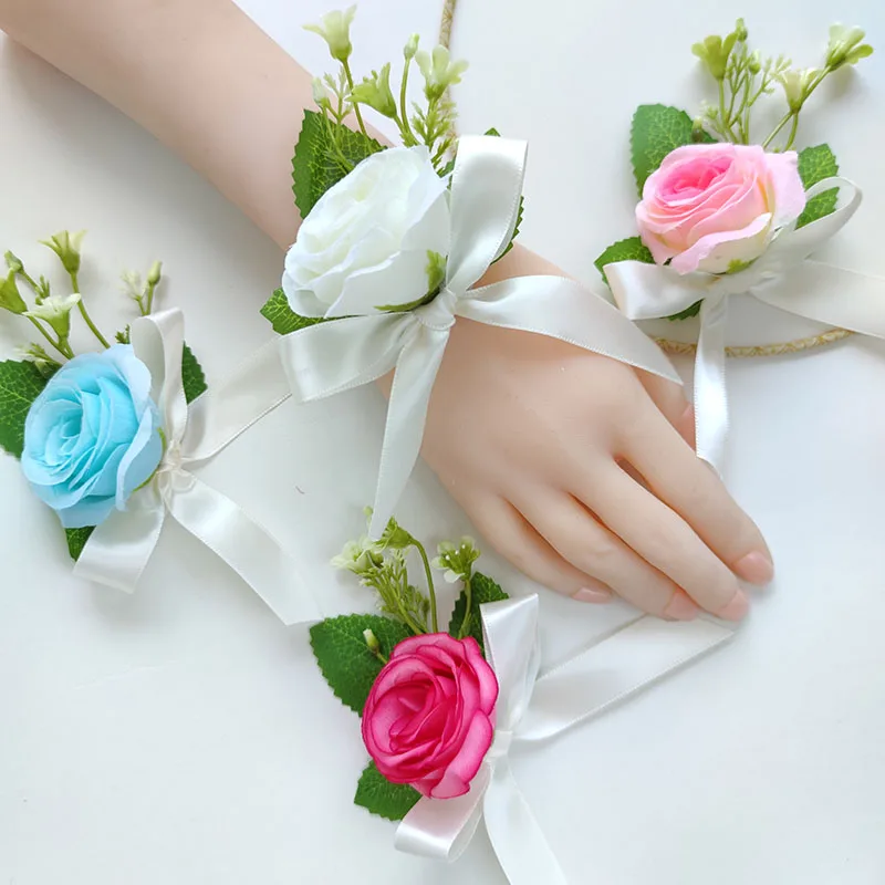 Boutonniere สร้อยข้อมือเจ้าบ่าวสำหรับเพื่อนเจ้าสาวอุปกรณ์จัดงานแต่งงานดอกกุหลาบเทียมตกแต่งงานปาร์ตี้ดอกไม้ผ้าไหม