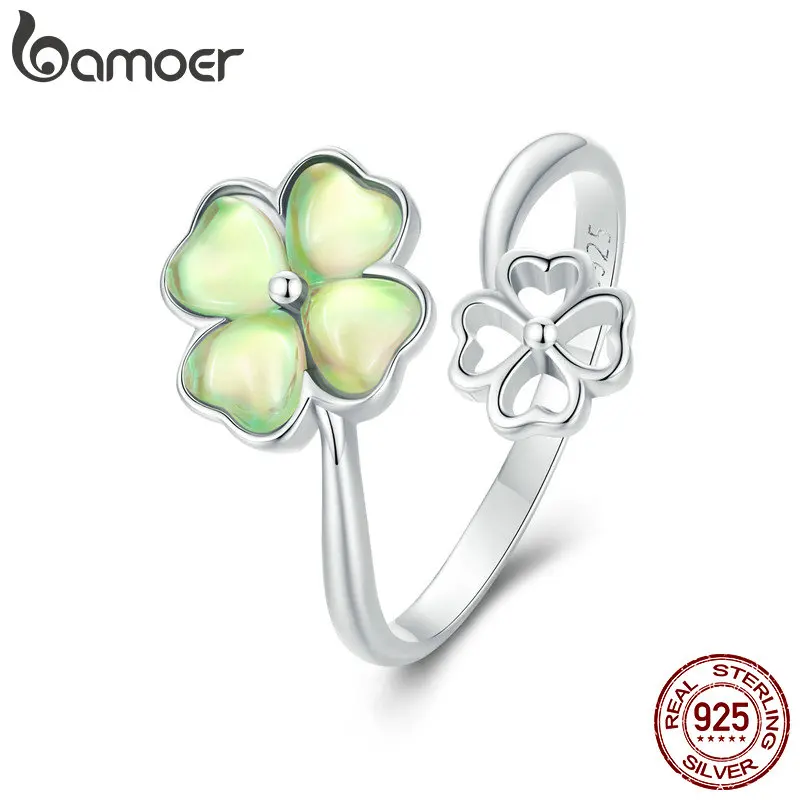 BAMOER White Gold Plated Lucky Four-Leaf Clover Ring, 925 Sterling Silver Vintage Adjustable Rings for Women Girls SCR1019-E