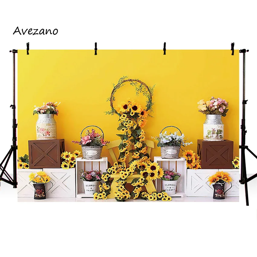 Avezano خلفية التصوير الربيع عباد الشمس حديقة الطفل الاطفال عيد ميلاد صورة كعكة سحق خلفية صور استوديو الديكور