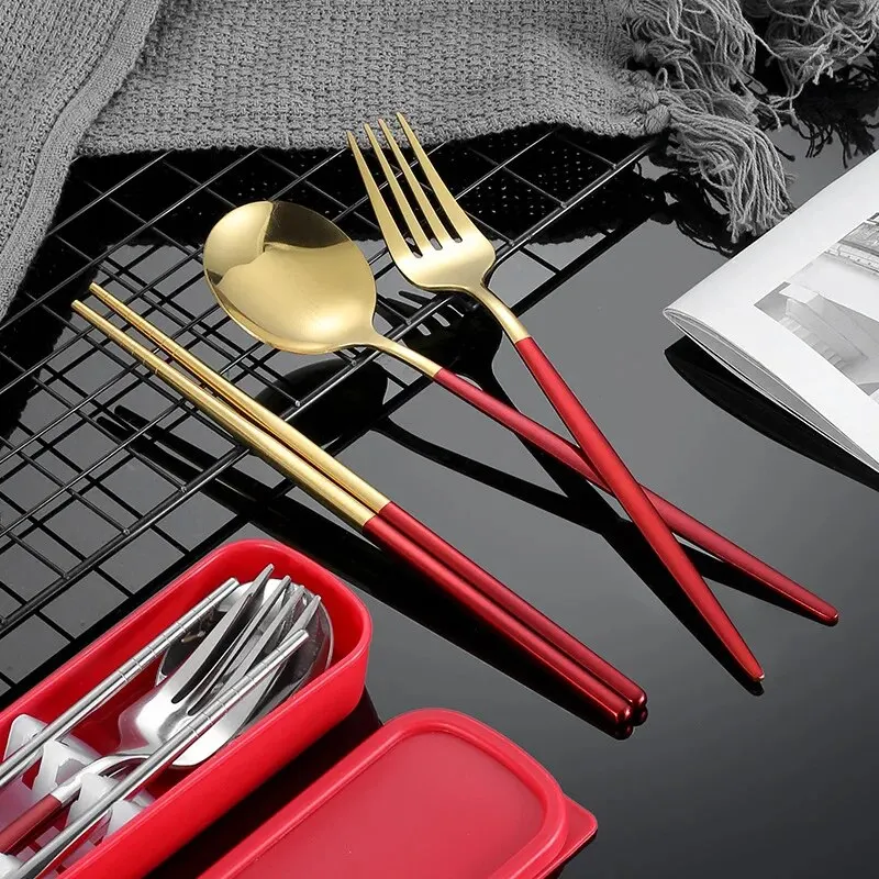 1set Household Stainless Steel Portable Tableware Chopsticks Spoons Forks Three Piece Set with Box