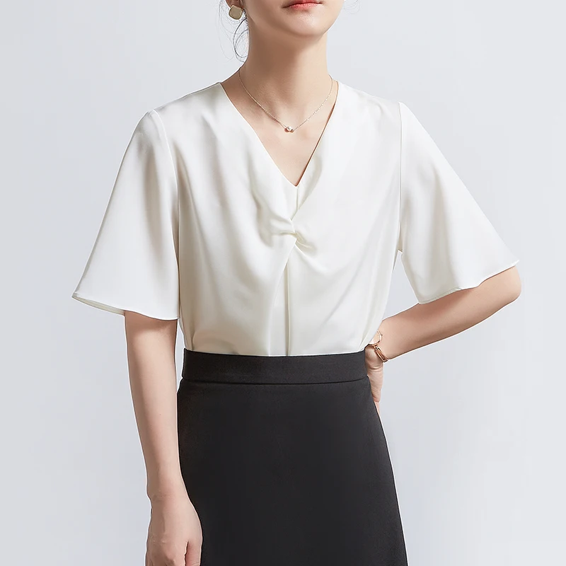 

CHICBLISS Summer 2026 New V-neck White Shirt Women's OL Commute Short Sleeve Top Elegant Fashionable Satin Fabric Polyester S...