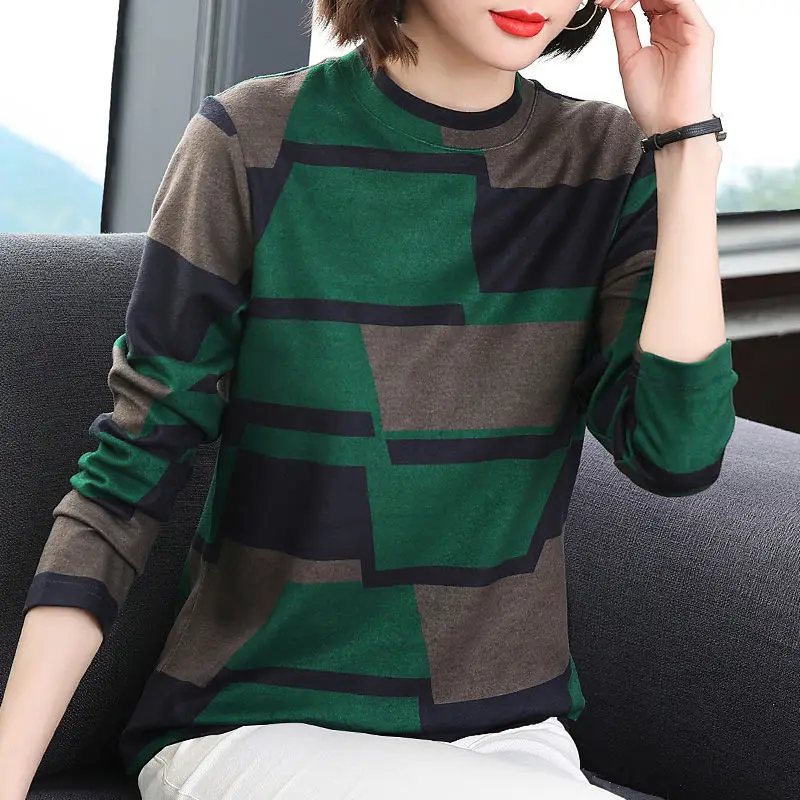 T-Shirts Round Neck Geometric Graphic Printing Autumn Winter Thin Office Lady Casual Bottoming Comfortable Women\'s Clothing 2022