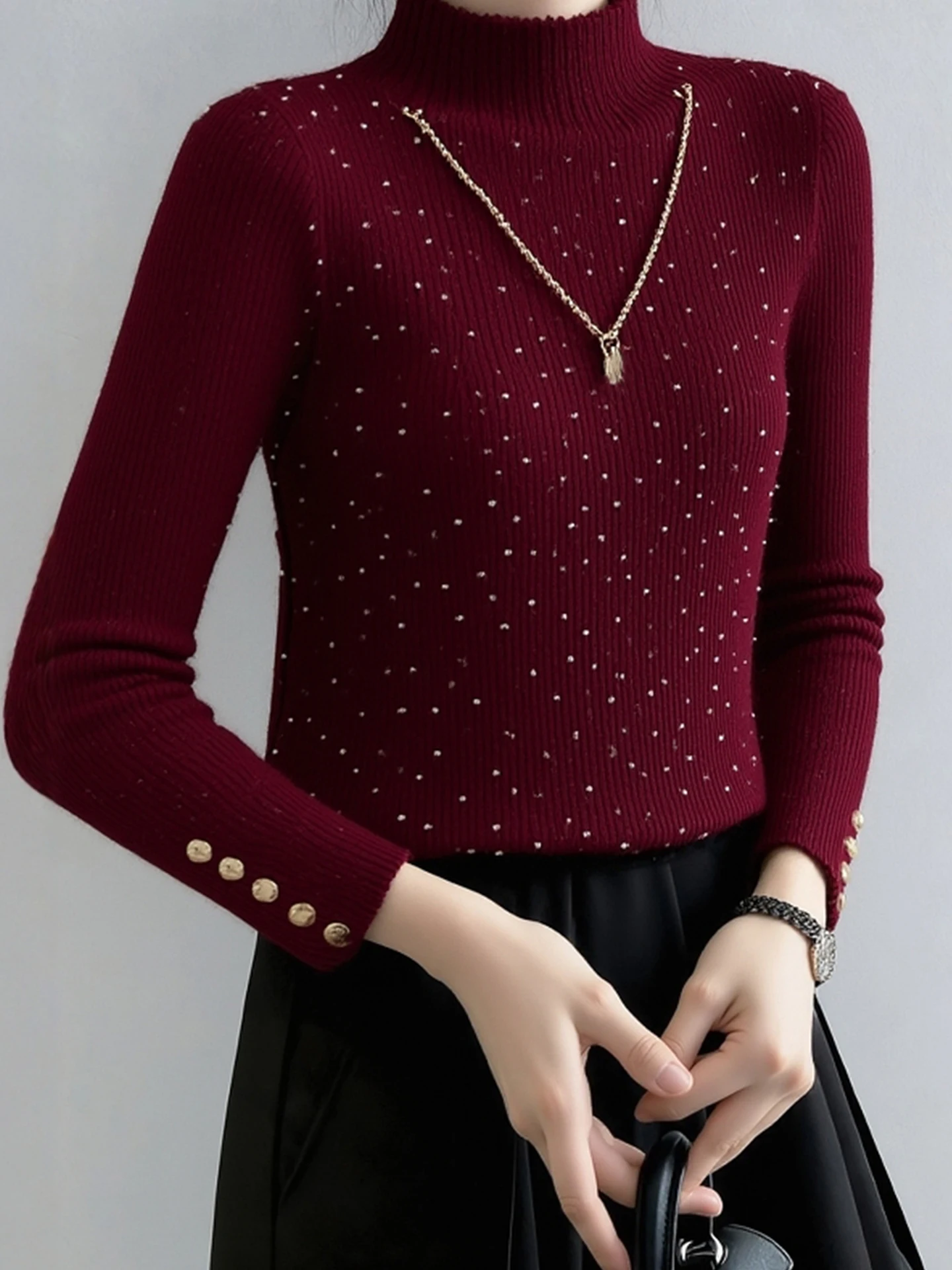 

Ele Red Long Sve Knitted Base Layer Top High Ne Pullover Winter Faion Women's Soft Camere Commute Sle Regular Fit