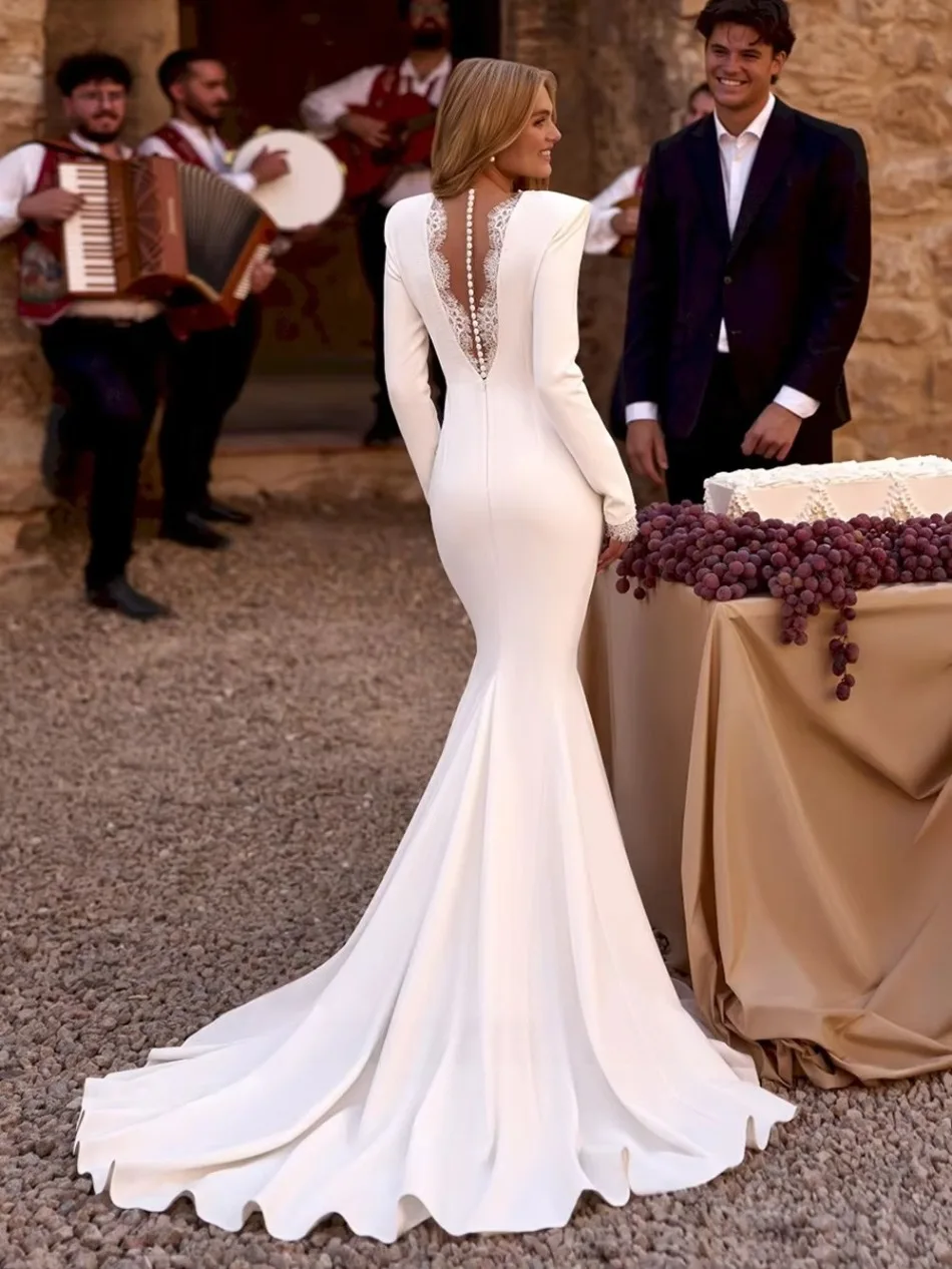 Satin Wedding Dress Long Sleeves Deep V Neck Lace Pearl Buttons Backless Mermaid Bridal Gowns Sweep Train Bride Vestido De Noiva