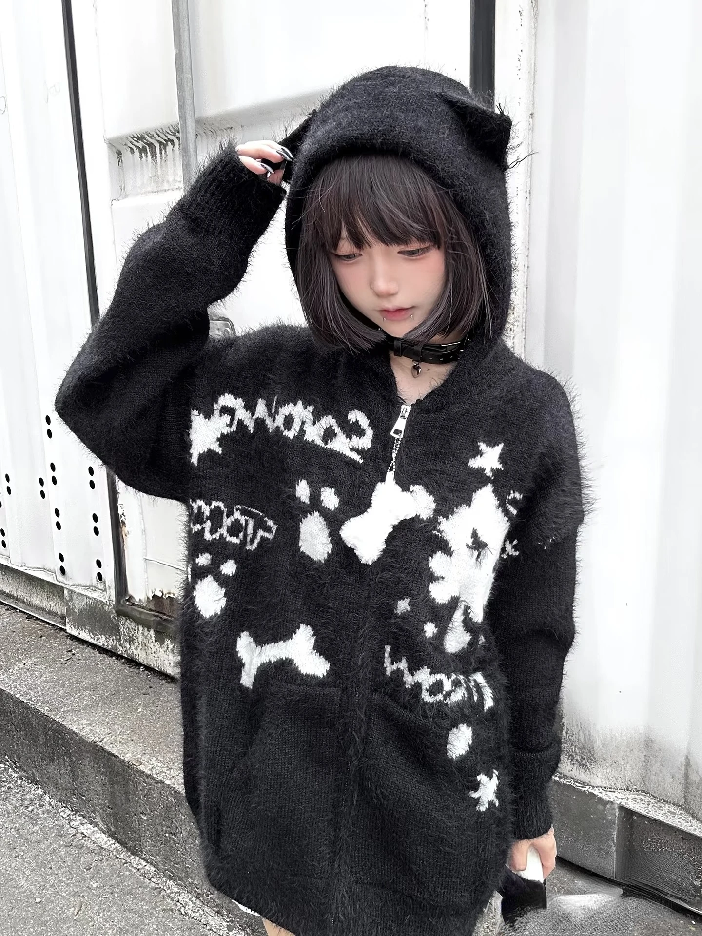 2025 giapponese Kawaii carino Y2k felpa con cappuccio da donna dolce casual elegante orecchie di gatto cappotto manica lunga stampata tasche con cerniera maglione invernale