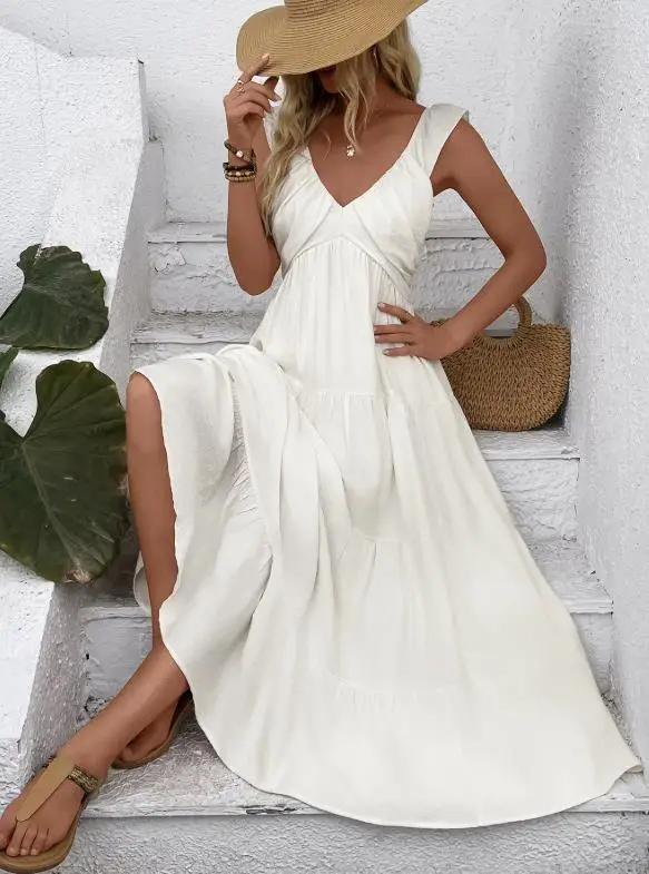 

2026 Summer Hot Selling Minimalist Vacation Style Long Dress, Sleeveless V-Neck White Women's Dress