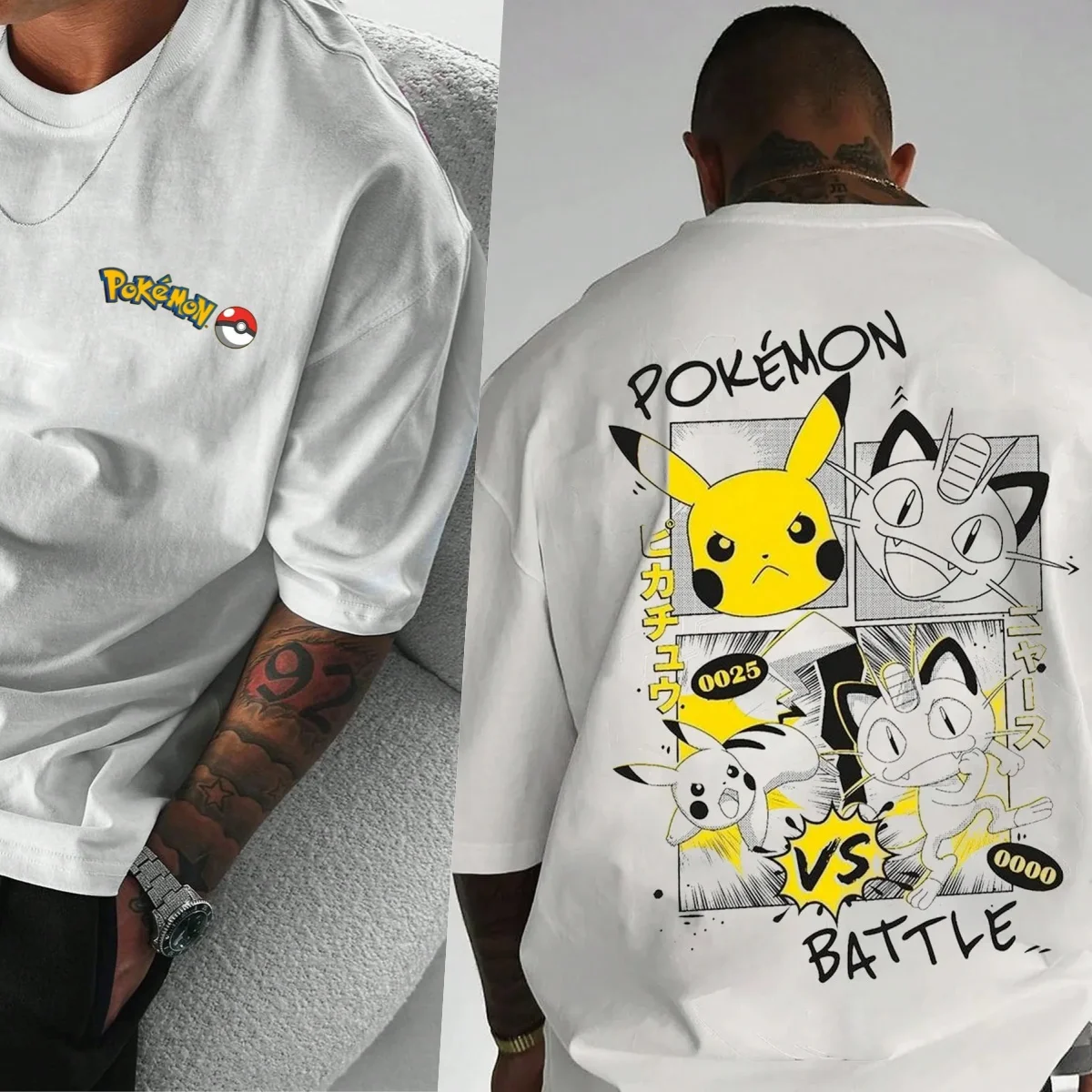 

Хлопковая футболка Pokémon Battle — передний логотип, задняя футболка Pikachu & Meowth Comic — стильный принт, 100% хлопок, модная футболка для геймеров S-4XL