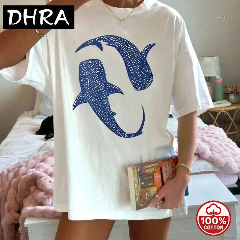 

Blue Whale Shark Simple fashion Printing T-Shirts Summer Cotton Tops Comfortable O-Neck Oversized T Shirt Casual Clothes