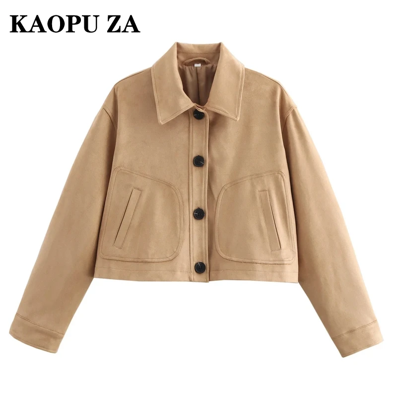 KAOPU ZA 2024 Autumn Woman Fashion Faux Leather Outerwear Coat Edgy Winter Female Turn-down Collar Long Sleeve Leather Jacket