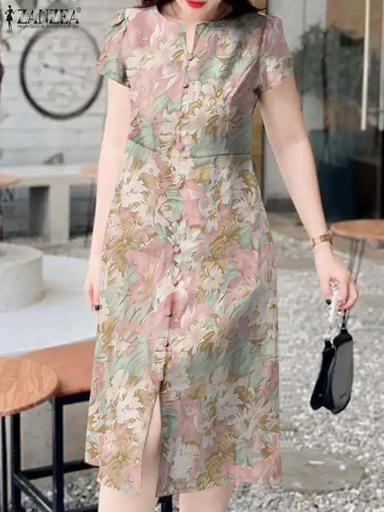 ZANZEA Women Floral Print Midi Dress Holiday Summer Short Sleeve Sundress 2024 Fashion New Slit Vestidos Oversized V-neck Dress