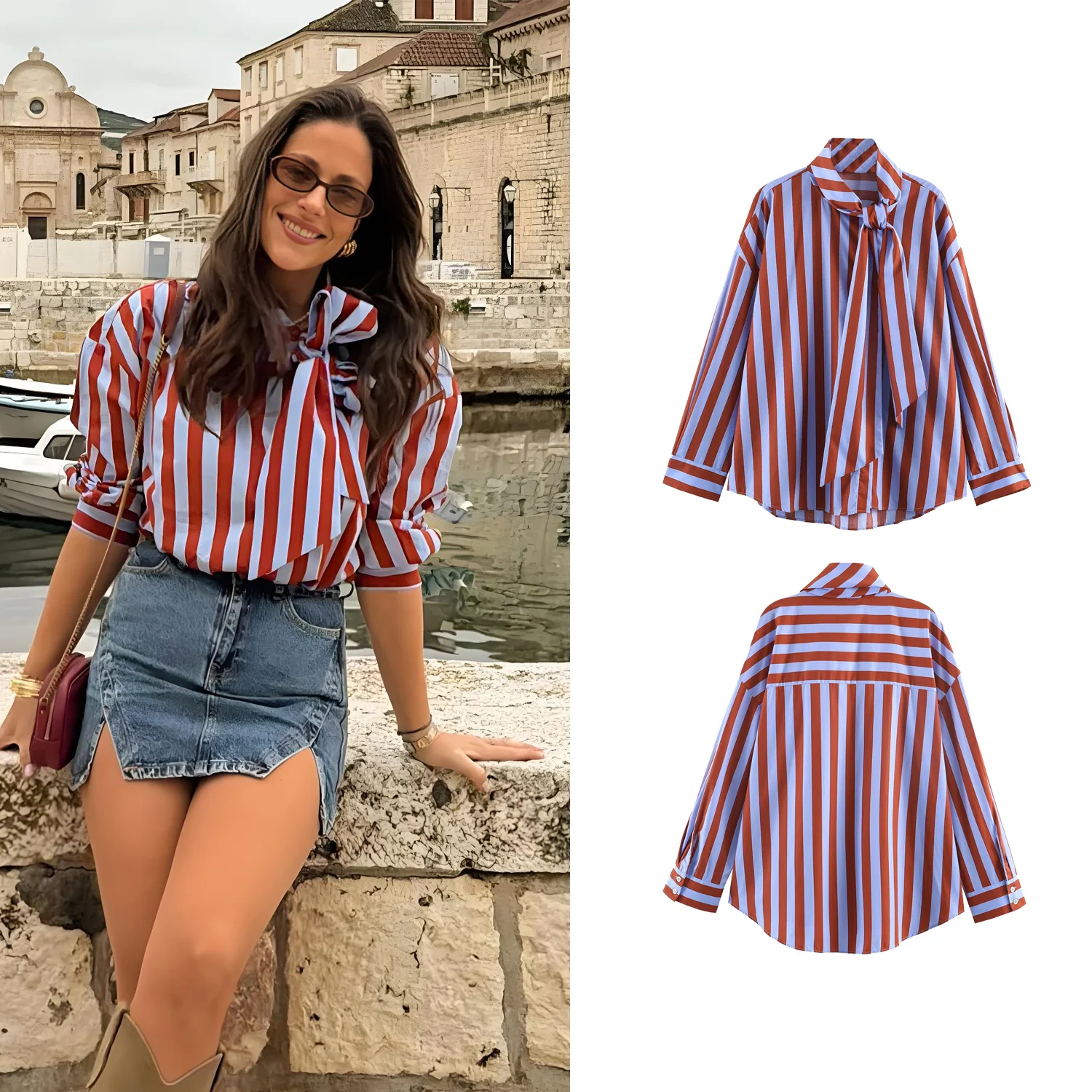 

Женские полосатые рубашки с бантом, весенне-летние, на одной пуговице, с длинным рукавом, в уличном стиле, шикарные повседневные рубашки с завязками