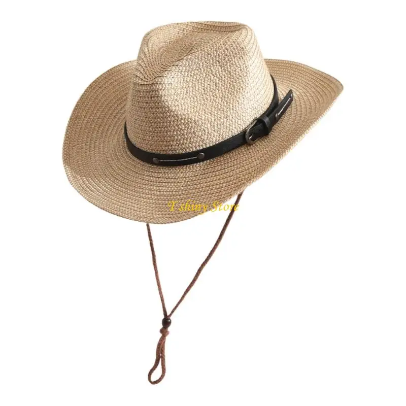 N58F Trendy Wide Brims Hat Classical Western Design Breathable Panama Straw Hat For Comfortable And Beach Event Gathering