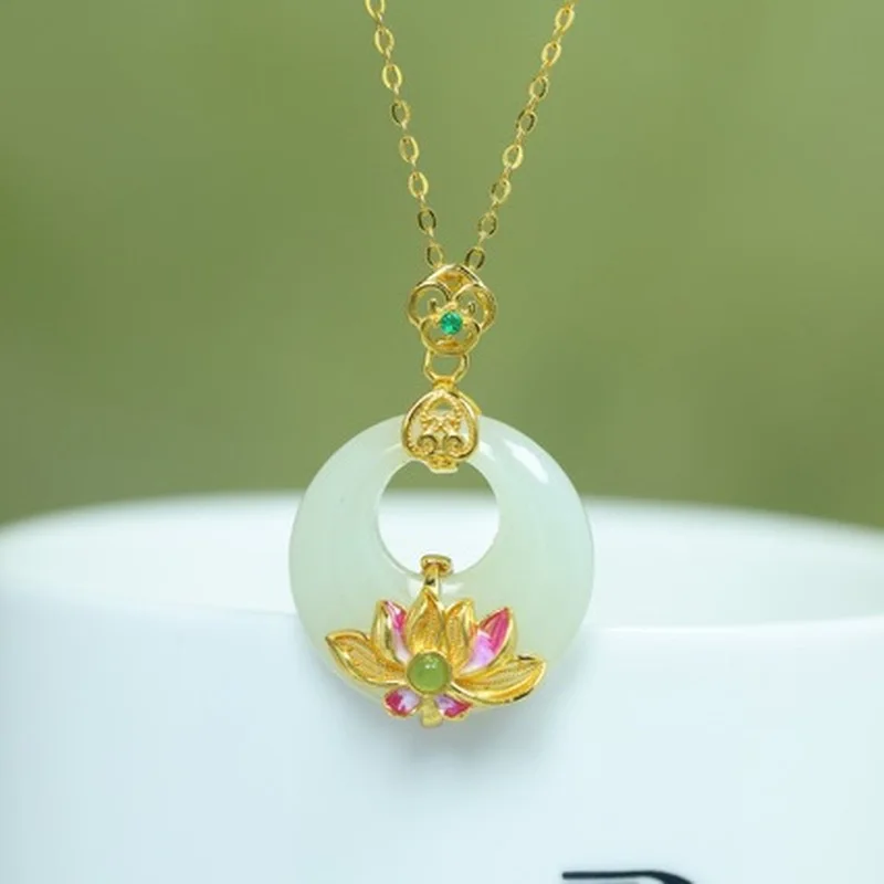 Ancient Style 925 Silver Gilded Pendant Hetian , Princess Clasp Inlaid With Green Jade