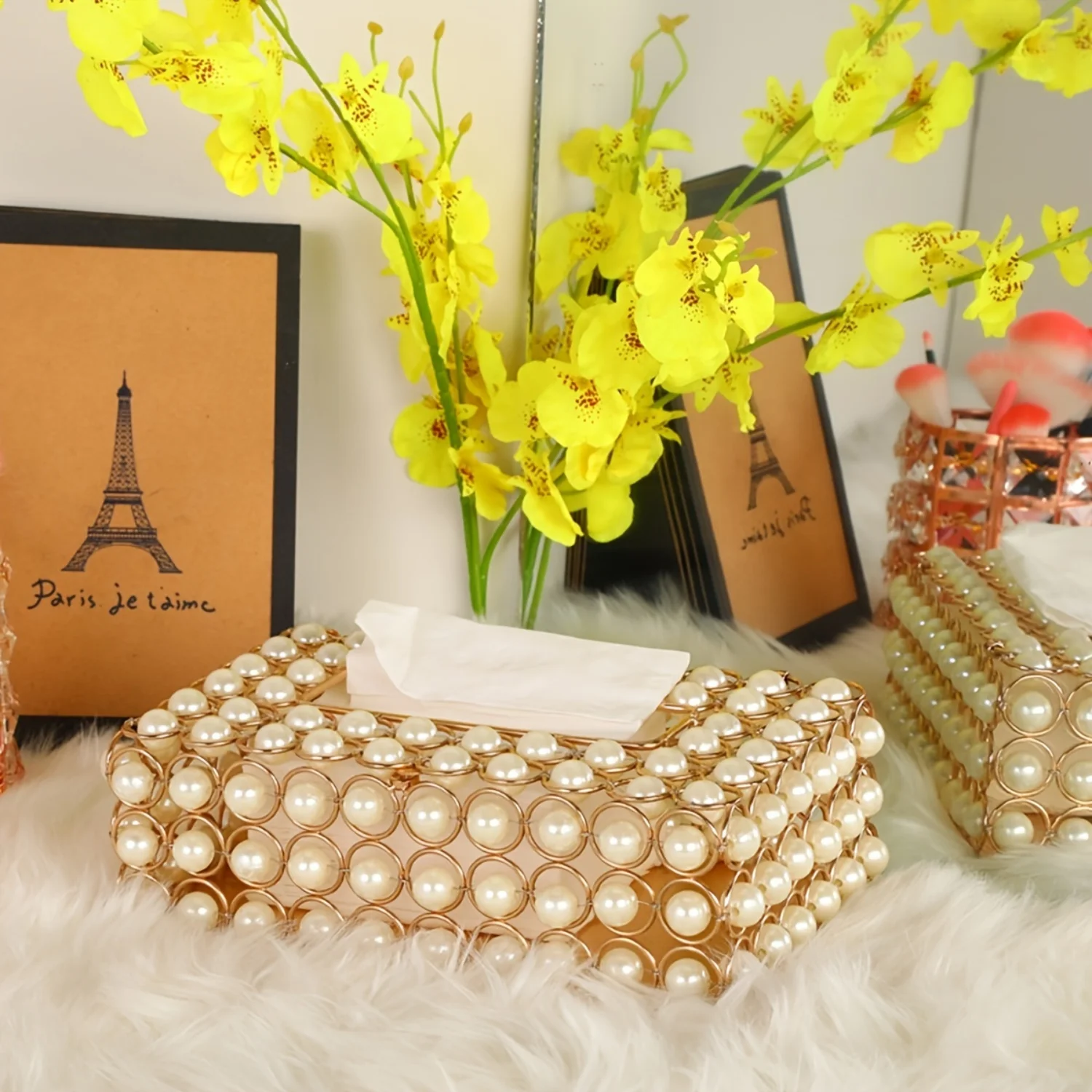 Handwoven Golden Pearl Tissue Box for Everyday Use in Bedroom, Living Room & Car - Decorative Christmas Gadget