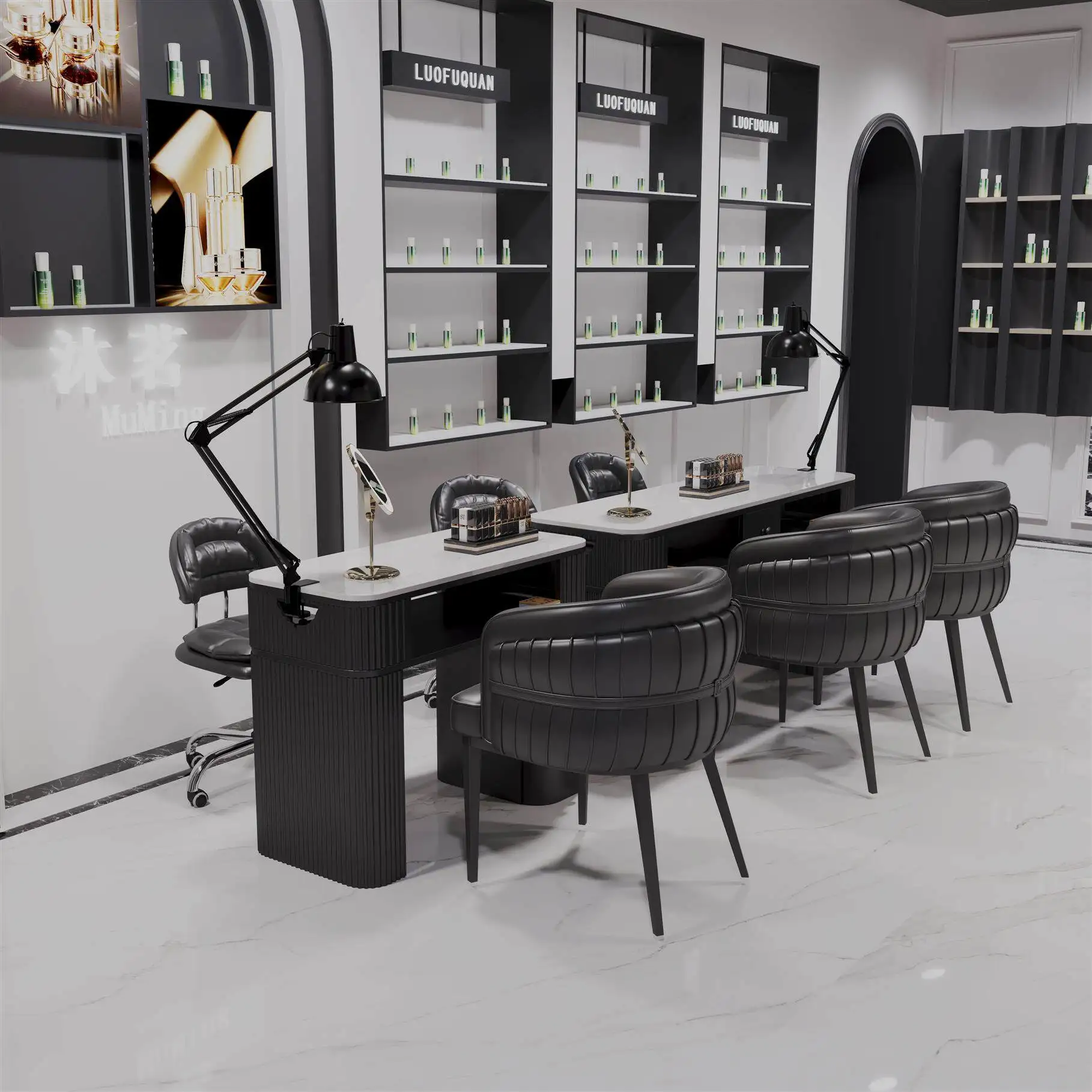 Marble Nail Table and Chair Set, Black Series, Fashionable, Internet Famous, High-end, with Bottom Cabinet Nail Table and Chairs