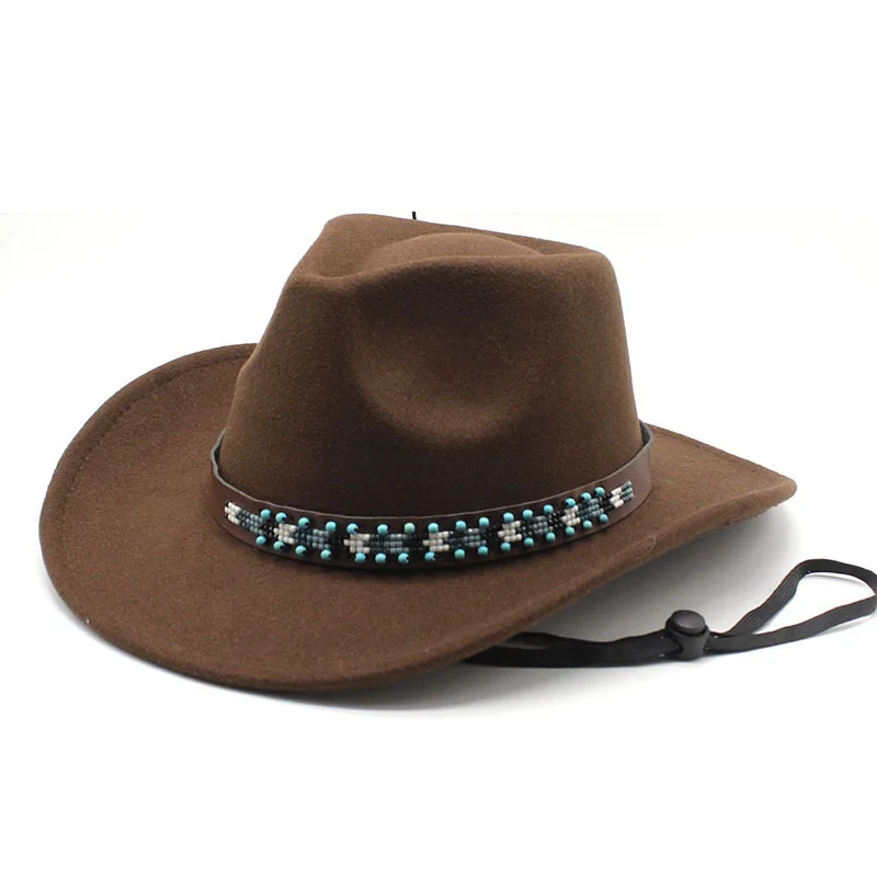 

2023 Cross-border Tibetan Western Cowboy Hat Autumn And Winter Woolen Hat Wide Brim Jazz Felt Cap 10 Color Wind Proof Rope Style