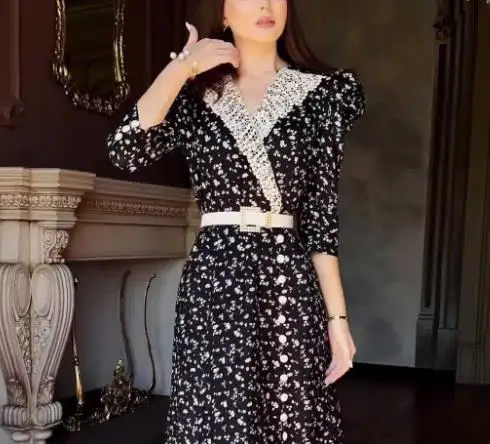 

Autumn 2025 Korean Style Women's Long Skirt Fashion Collision Wave Print Elegant High Waist A-Line Skirt for Ladies