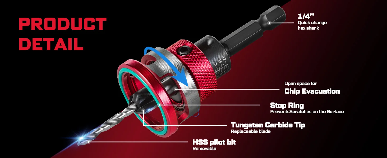Geinxurn Countersink-Bohrerset (1/8"-1/2"), Präzisions-Fasen- und Senkwerkzeug – Detail 3