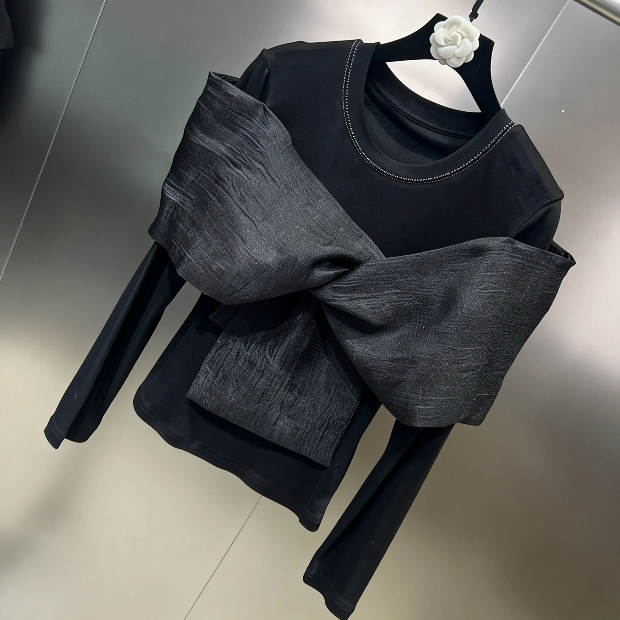 Fashion Patchwork Mesh T Shirt For Women Long Sleeve O Neck Bowknot Casual Temperament Female Tops