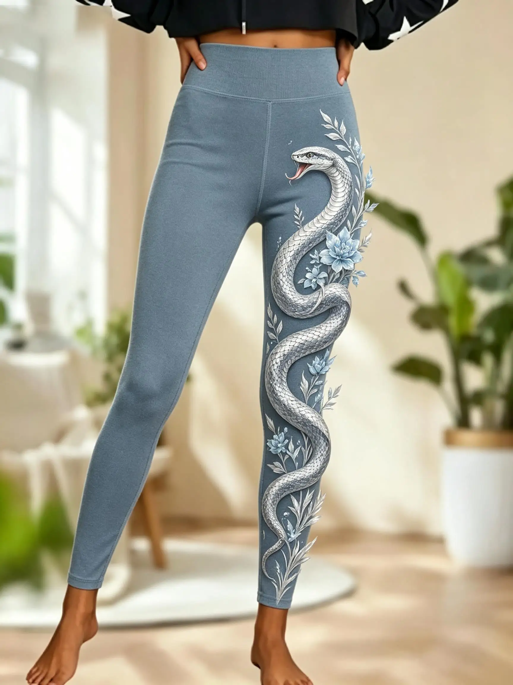 Women Fleece‑lined Mid‑rise Leggings Golden Cobra Snake Red Rose Floral Vine Tattoo Side Print Slim Stretch Winter Casual Pants - view 3